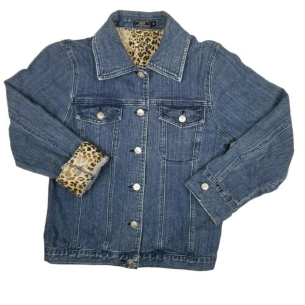 Lisa International Womens Small Denim Stretch Jacket Blue Jean Leopard Flip Cuff